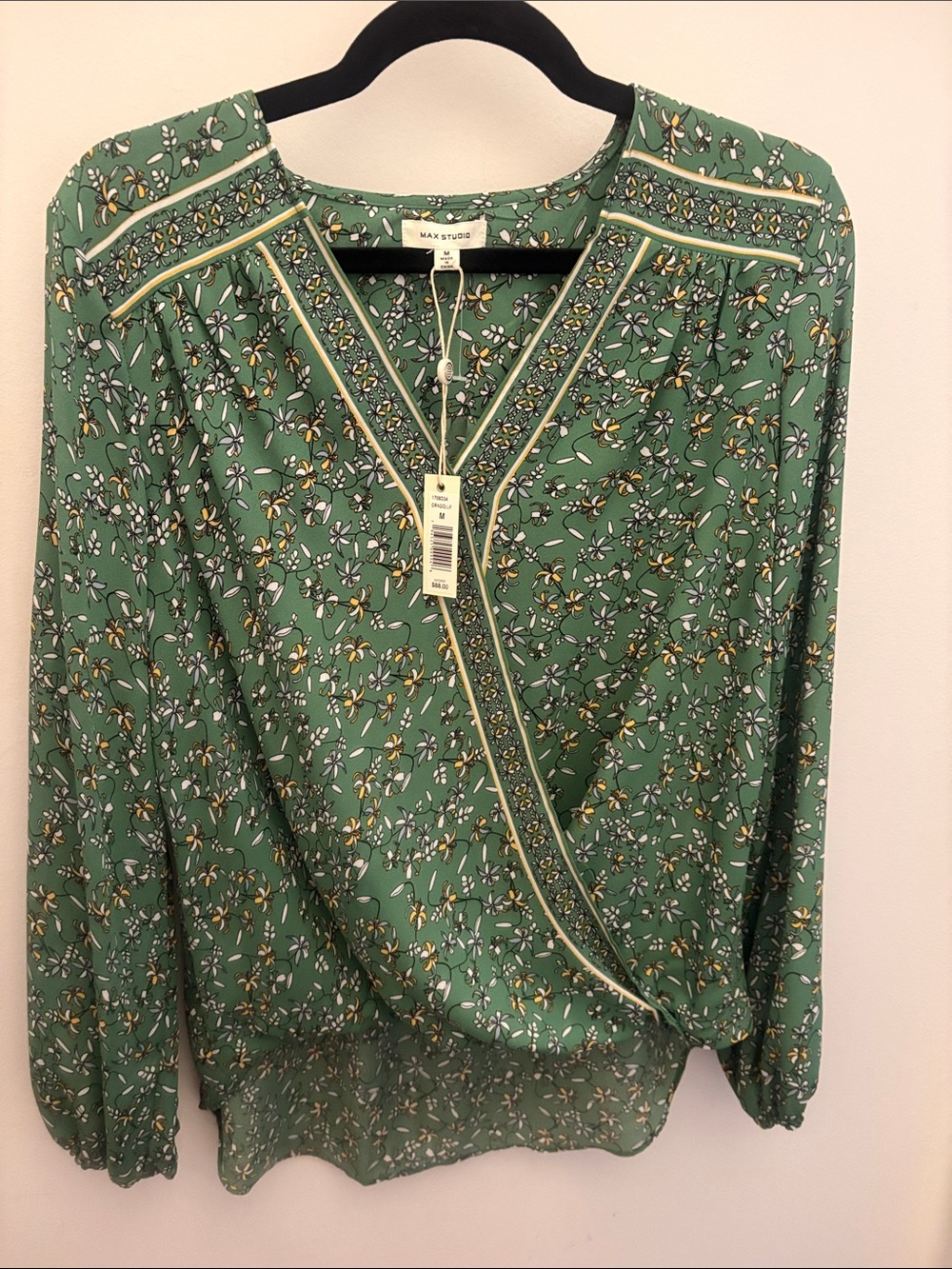 Max Studio Women’s Green Floral Faux-Wrap Blouse, Size M